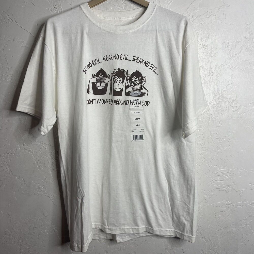 NEW Fruit Of The Loom Large Novelty Tee Ear No Evil Monkey God Jesus Gift